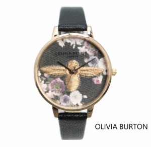Olivia Burton オリビアバートン レディース EMBROIDERED DIAL ブラック ＆ ローズゴールド 腕時計 ハチ 花柄 ビッグダイヤル 本革 レザ