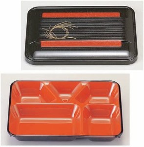 幕の内弁当 T-183(小)8寸長手副食弁当柳結び内朱 [23.1 x 17.2 x 4.9cm] 耐熱ABS樹脂 食洗機可 (7-422-1) 料亭 旅館 和食器 飲食店 業務