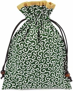 巾着袋 裏地付き 和柄 緑 唐草模様×黄色 ハンドメイド 日本製 和小物 和雑貨