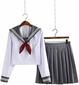 【小松丸】グレーの襟 セーラー服 長袖 半袖 白い グレー 金魚結び リボン 制服 学生 5点セット 靴下付き（黒） (長袖5点セットA, M)