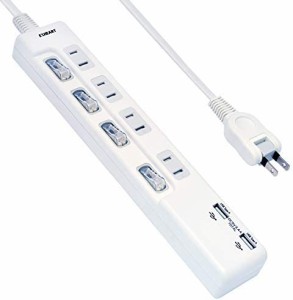 EXHEART USBポート付スイッチタップ 2m 4個口AC 2口USB 5V 3.4A 急速充電 雷サージ・ホコリ防止シャッター・個別スイッチ