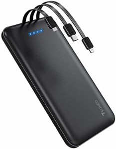 軽量 薄型 新版 モバイルバッテリー 10000mAh 大容量 3ケーブル内蔵（Lightning+Micro USB+Type-Cケーブル内蔵) 1USBポート 4台同時充電