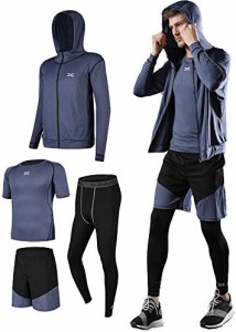 メンズコンプレッションウェア セット トレーニングウェア 通気防臭 トレーニングウェア パーカー 長袖シャツ 半袖シャツ ハーフパンツ 