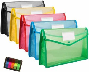 ファイルケース,Pranski ボタン式 5個セット 5色 A4ファイル袋 大容量 プラスチック透明 防水 オシャレ 可愛い カラフル 資料 書類 整理