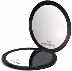 コンパクトミラー 化粧鏡 10倍拡大鏡 折りたたみ鏡 手鏡 両面鏡 角度調整可 超軽量（ブラック）