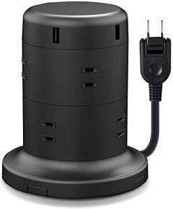 エレコム 電源タップ タワー型 延長コード [ 8個口 & USB×5ポート ] 固定パーツ付 雷ガード ほこりシャッター 2m ブラック ECT-0620BK