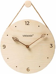 VIKMARI 北欧風 天然木 円形 壁掛け時計 木製文字盤 彫刻したインデックス アラビア数字 木製枝型指針 静音 連続秒針 非電波 ウォールク