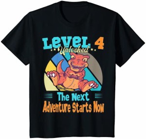 キッズ 恐竜4誕生日ゲーマーの恐竜レベル4年目 Tシャツ