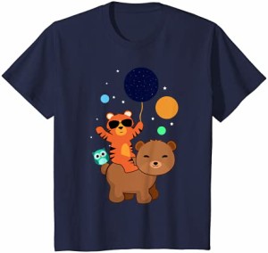 キッズ 月と動物-クマ、トラ、フクロウ Tシャツ