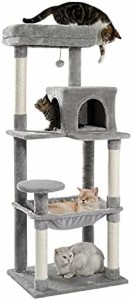 PETEPELA(ぺテぺラ) キャットタワー 猫タワー スリム 大型猫 据え置き 省スペース 登りやすい ハンモック 見晴台 ねこハウス ボンボン 天