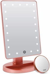 FASCINATE 21個LED 鏡 ライト付き 卓上 スタンドミラー 無段階調光 usb充電 10倍拡大鏡 メイク用 明るい 角度180調整可能 人気 ピンク