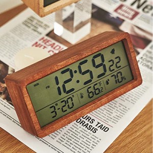 置き時計　デジタル時計　目覚まし時計　アラーム　LED　カレンダー　乾電池給電　大音量　木目調　温度湿度表示　日付表示　スヌーズ機