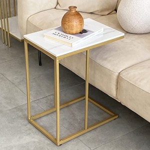UNHO サイドテーブル ソファ テーブル コの字型 大理石天板 ゴールド脚 スリム ベッドサイドテーブル 白 おしゃれ ミニテーブル 幅30×奥