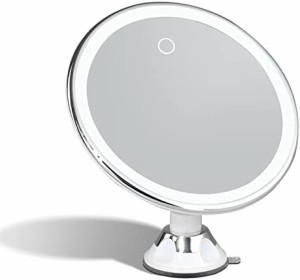 Fancii 10X拡大メイクミラー LEDライト付き 充電式、3色調光 吸盤ロック付き 360度回転 スタンド/壁掛け両用 メタリック調 (Luna 2)