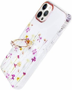 YUYIB iPhone14 Pro Max 用 ケース リング付き クリア 花柄 かわいい おしゃれ キャラクター 女性人気 耐衝撃 スマホケース 携帯カバー i