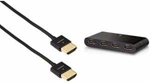 【HDMIケーブル切替器セット】エレコム HDMI ケーブル 2m 4K×2K対応 スーパースリム ブラック CAC-HD14SS20BK + HDMI切替器 自動切替機