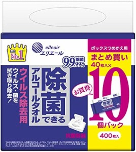 エリエール 除菌できるアルコールタオル ウイルス除去用 ボックスつめかえ用 400枚(40枚×10パック) ウェットティッシュ 【まとめ買い】