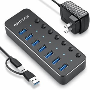 RSHTECH USBハブ 3.0 電源付き 7ポート 2022 改良 2 in 1 ケーブル 付き USB Hub アルミ製 5Gbps高速転送 セルフパワーとバスパワー両用 