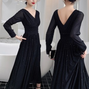 カシュクール パーティードレス ロングドレス ワンピース ドレス 黒 ブラック Vネック 結婚式 お呼ばれ 大きいサイズ 3L 4L 袖あり