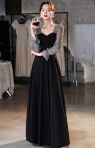 パーティードレス 結婚式 お呼ばれドレス 黒 ロングドレス 袖あり シアー袖 長袖 小さいサイズ 大きいサイズ ラメ 星 スパンコール 韓国 