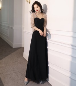 パーティードレス 結婚式 お呼ばれドレス 赤 黒 ロングドレス 袖あり シアー袖 七分袖 韓国 ドレス ロング 小さいサイズ 大きいサイズ 3L