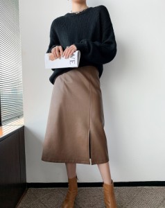 レザースカート タイト タイトスカート スリット フェイクレザー スカート ミモレ 膝下スカート レディース ボトムス 秋冬 通勤服 黒 秋 