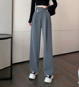 ワイドパンツ レディース ボトムス パンツ レディース ハイウエスト パンツ アシンメトリー 通勤服 オフィス 春 秋 ウエストマーク 韓国 