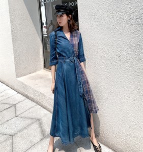 デニム ワンピース レディース アシンメトリー ワンピース ロング シャツワンピース 大きいサイズ 半袖 ウエストマーク 春服 夏 個性的