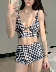 ビキニ レディース 水着 セクシー クロスデザイン 韓国 水着 レディース 体型カバー ハイウエスト パンツ 千鳥格子 フリル 大きいサイズ 