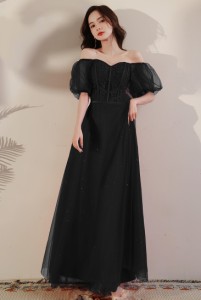 パーティードレス 結婚式 お呼ばれドレス ロングドレス 黒 ミモレ丈 パフスリーブ レース袖 シアー袖 大きいサイズ 3L 4L 小さいサイズ 