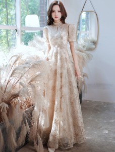 パーティードレス 結婚式 お呼ばれドレス 袖あり ハイネック ドレス ロング フレア カラードレス 大きいサイズ 3L 4L 小さいサイズ 韓国 