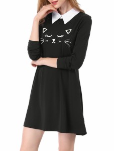 Allegra K フレアワンピース 丸襟 猫柄 ミニドレス 長袖 ショート丈 ゆったり かわいい レディース ブラック XS