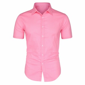 Allegra　K　メンズ　ボタンダウンシャツ　半袖　綿　水玉プリント　襟付き　カジュアル　ピンク　42