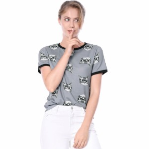 Allegra K トップス Tシャツ 猫 半袖 ティー シャツ 可愛い カジュアル 夏 レディース グレー XS