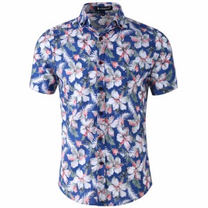 Allegra　K　アロハシャツ　メンズ　ハワイアンシャツ　半袖　花柄　ボタンダウン　ファッション　ブルーライトピンクxL/46