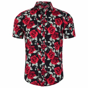 Allegra　K　アロハシャツ　メンズ　ハワイアンシャツ　半袖　花柄　ボタンダウン　ファッション　ブラック-バラ　M/38