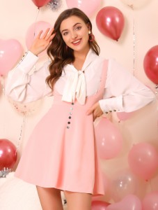 Allegra K サスペンダースカート ジャンパースカート フレア Aライン フロントボタン 可愛い 衣装 レディース ピンク L