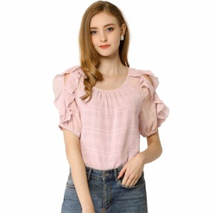 Allegra　K　肩出し　tシャツ　シフォンブラウス　フリル袖　クルーネック　レディース　ピンク　XS