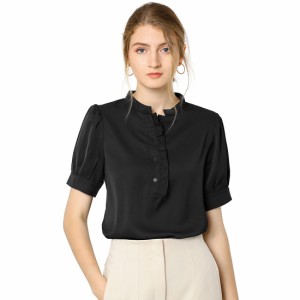 Allegra　K　ヘンリーネックtシャツ　ブラウス　オフィス　半袖　無地　夏　レディース　ブラック　XL