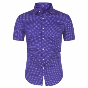 Allegra　K　メンズ　ボタンダウンシャツ　半袖　綿　水玉プリント　襟付き　カジュアル　パープル　42