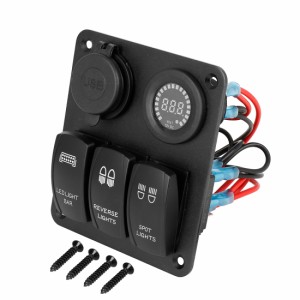 X　AUTOHAUX　車の点火トグルロッカースイッチパネル　LEDデジタル　電圧計　USB充電器