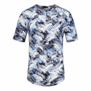 Lars　Amadeus　ハワイアンtシャツ　柄tシャツ　半袖　スリムフィット　花柄　丸首　カジュアル　メンズ　ブルー　M