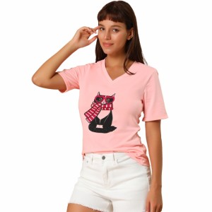 Allegra　K　半袖　Tシャツ　猫柄　Vネック　コットン　キャットプリント　レディース　ピンク　L