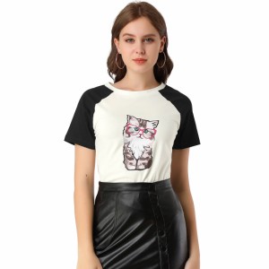 Allegra　K　夏　カジュアル　半袖　漫画　猫柄　プリント　Tシャツ　レディース　ブラックホワイト　L