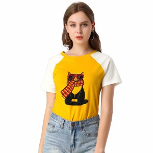 Allegra　K　夏　カジュアル　半袖　漫画　猫柄　プリント　Tシャツ　レディース　イエローレッド　M