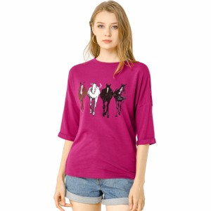 Allegra　K　tシャツ　カットソー　トップス　馬柄　七分袖　ドロップショルダー　丸首　ゆったり　レディース　ローズレッド　XS