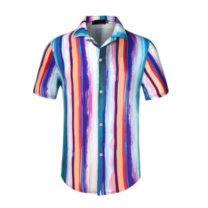 Lars　Amadeus　ストライプシャツ　縦縞　カラーブロック　ボタンダウン　半袖　レディース　ブルーパープル　L