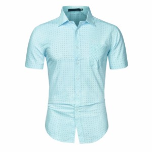 Allegra　K　メンズ　ボタンダウンシャツ　半袖　綿　水玉プリント　襟付き　カジュアル　ライトブルー　42