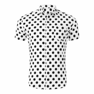 Allegra　K　メンズ　ボタンダウンシャツ　半袖　綿　水玉プリント　襟付き　カジュアル　黒と白　42