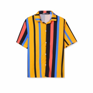 Lars　Amadeus　メンズサマーストライプシャツ半袖ボタンダウンビーチカラーブロック縦縞シャツ　オレンジブラックブルー　S